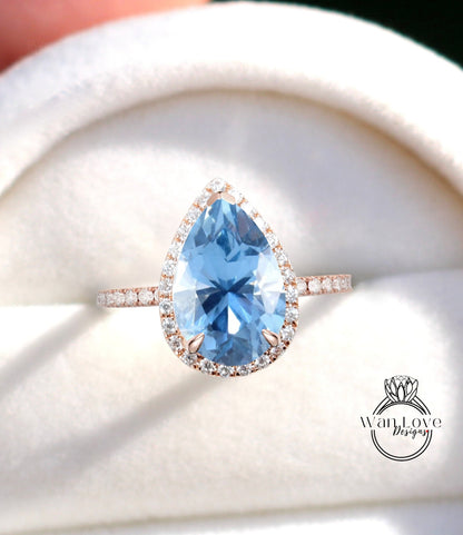 Vintage Pear shaped Aquamarine Spinel Engagement Ring, Pear Cut 14k Rose Gold Diamond Halo Ring, Wedding Ring Anniversary Ring Proposal Ring