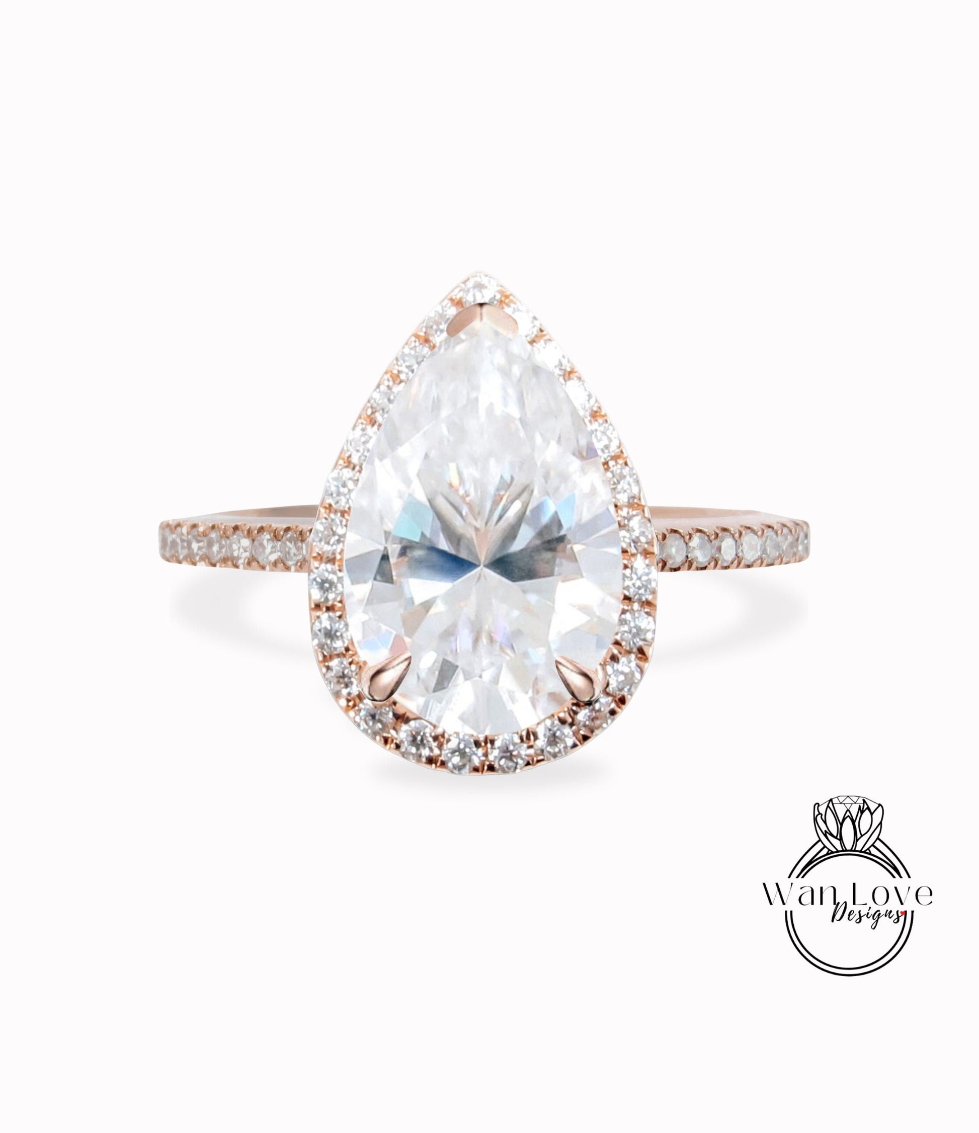 Vintage Pear shaped White Sapphire Engagement Ring, Pear Cut Unique 14k Rose Gold Halo Ring, Wedding Ring Anniversary Ring Proposal