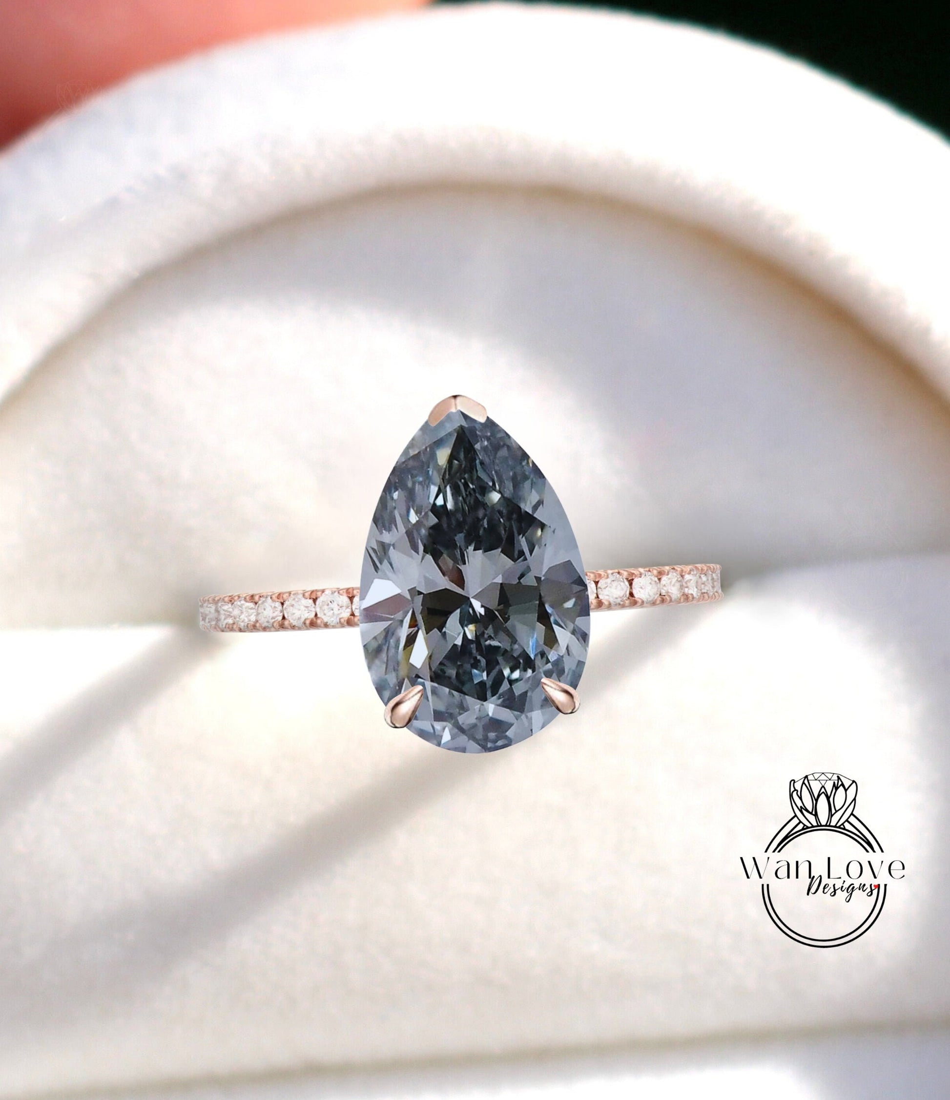 Pear Engagement Ring, 3Ct Pear Grey Moissanite engagement ring, diamond hidden halo ring, Pear side halo Moissanite Ring, Hidden Halo Ring