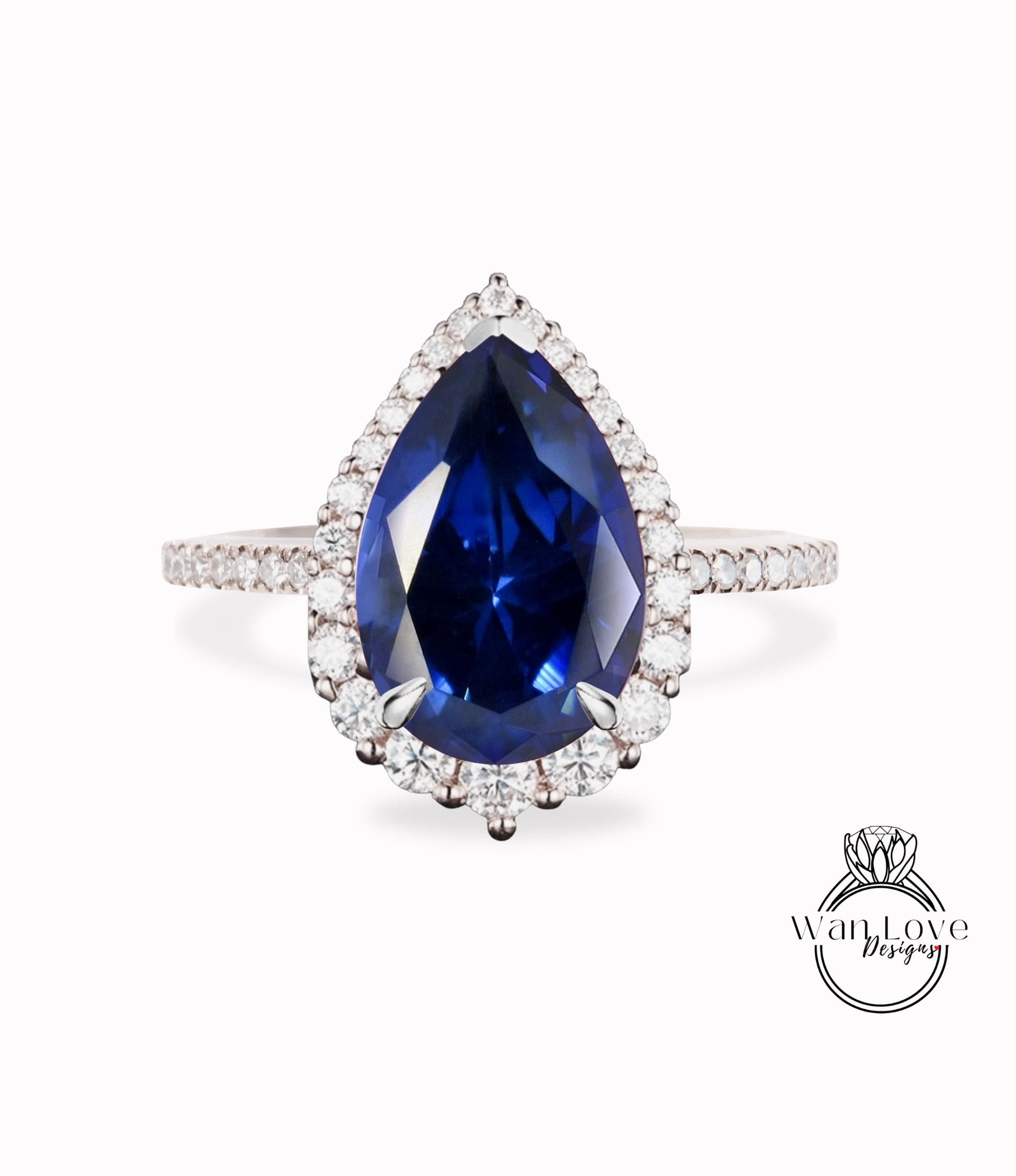 Antique Pear shaped Blue Sapphire engagement ring vintage Art deco Unique ring white gold Diamond halo wedding promise ring Anniversary ring