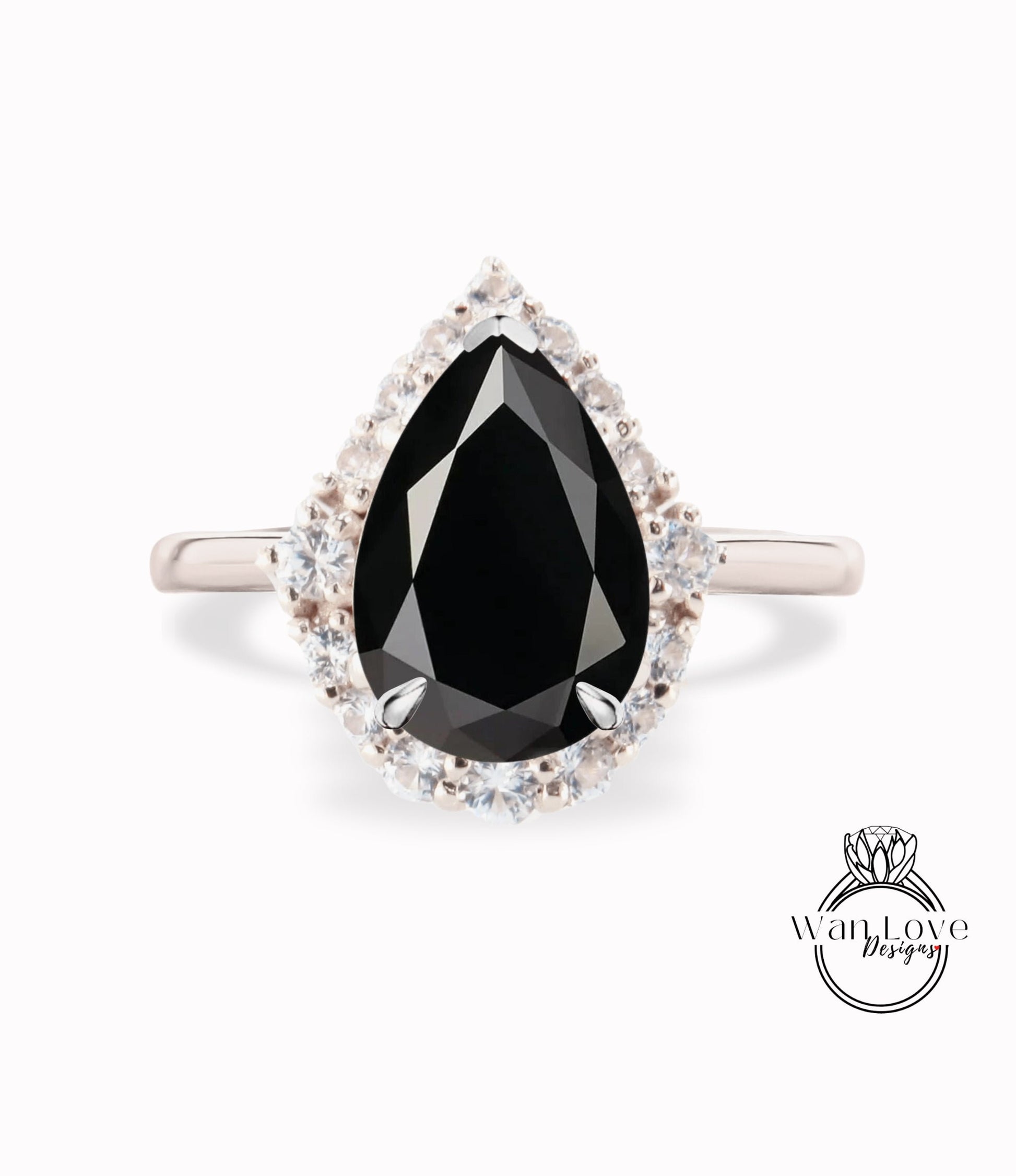 Black Spinel & Diamond Graduated Halo Engagement Ring, Pear, Plain Shank, Custom-14k 18k White Yellow Rose Gold-Platinum