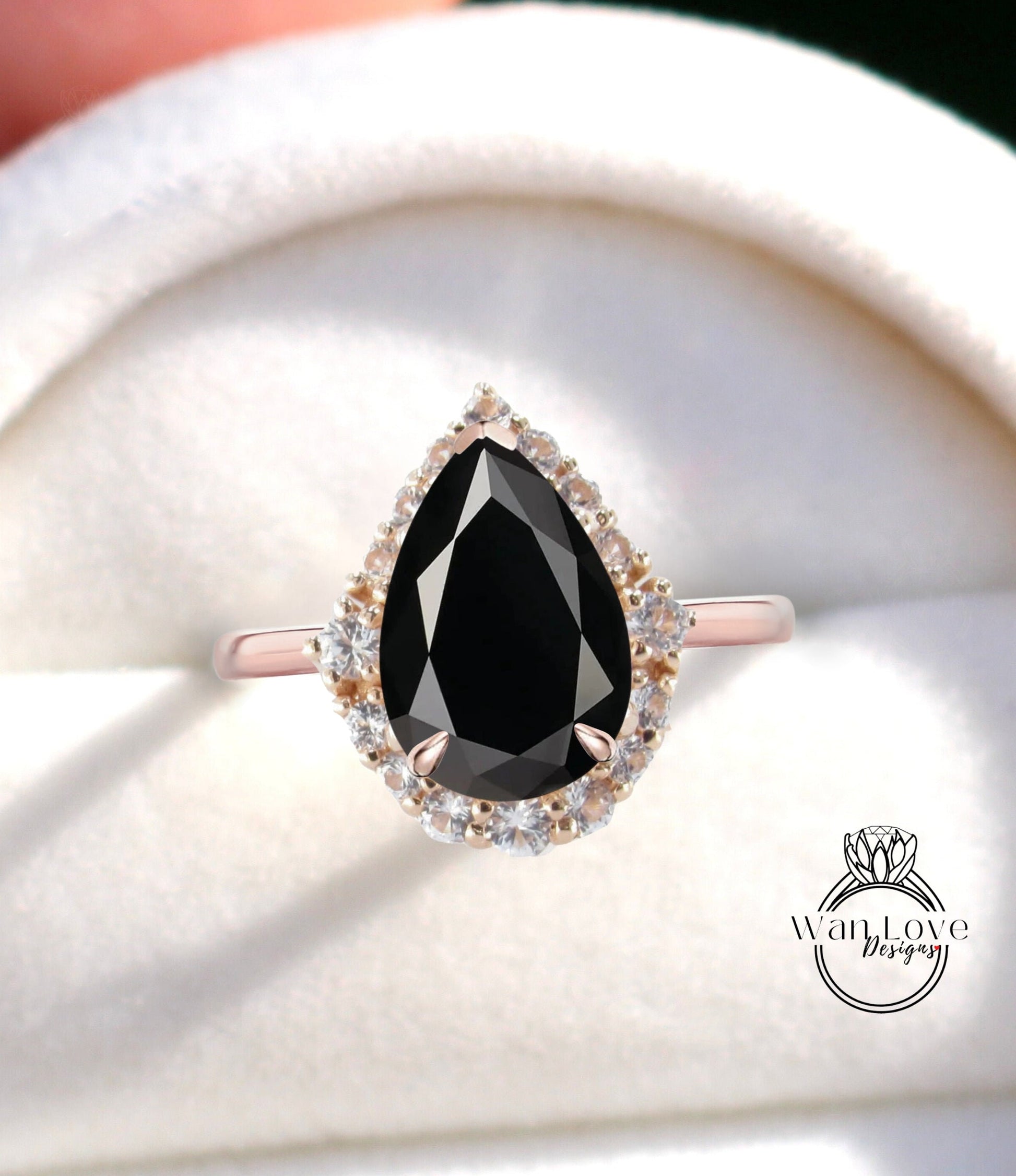 Black Spinel & Diamond Graduated Halo Engagement Ring, Pear, Plain Shank, Custom-14k 18k White Yellow Rose Gold-Platinum