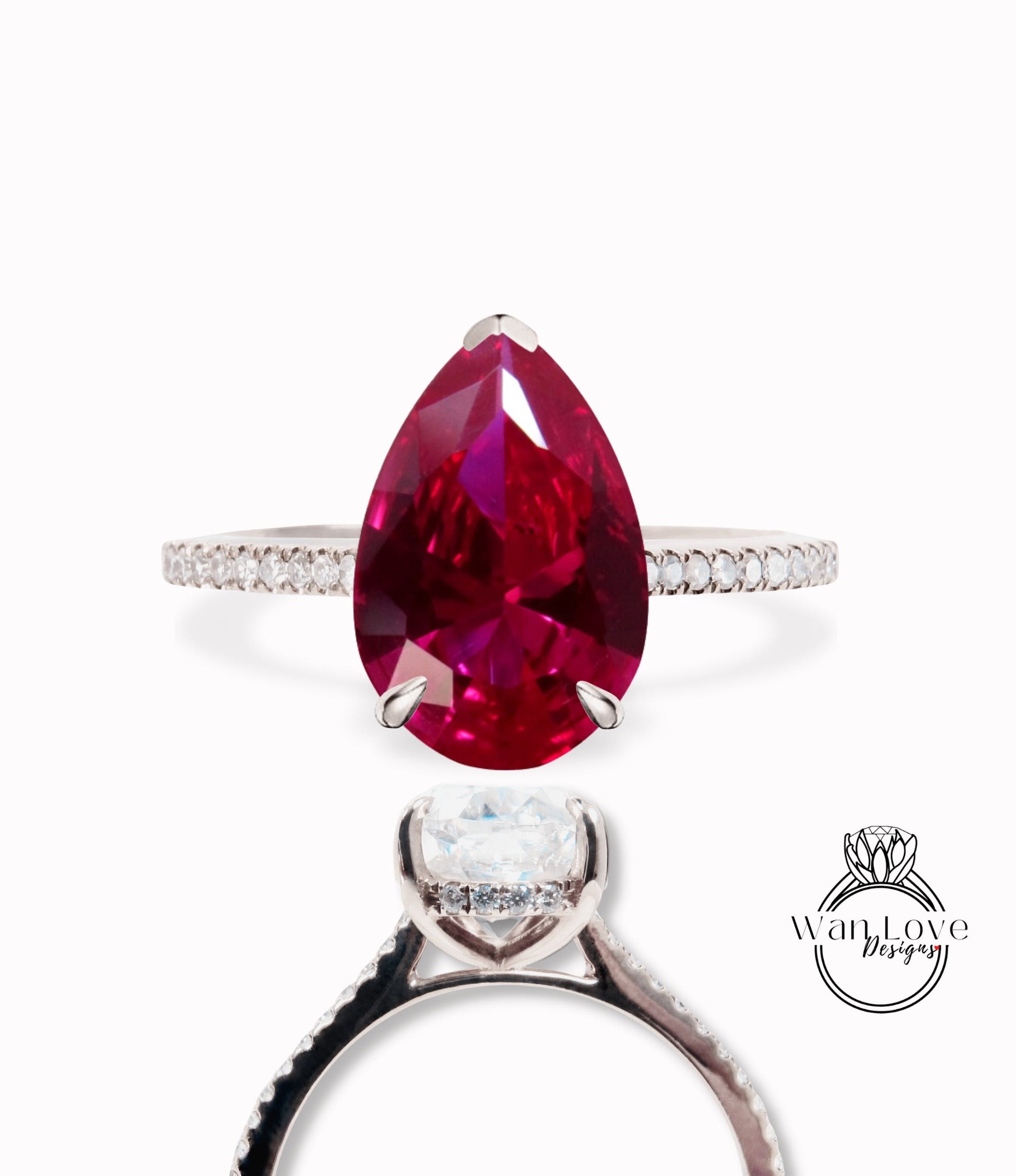 Ruby & Diamond Side Halo Pear Engagement Ring, Cathedral Basket, Custom-14k 18k Gold-Platinum-Wedding-Anniversary Gift, WanLoveDesigns