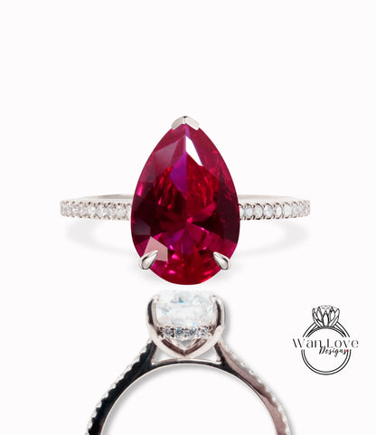 Ruby & Diamond Side Halo Pear Engagement Ring, Cathedral Basket, Custom-14k 18k Gold-Platinum-Wedding-Anniversary Gift, WanLoveDesigns