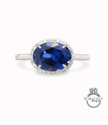 14K Solid Gold Ring /East West Oval Cut Blue Sapphire Diamond Center / Engagement Ring/Anniversary Ring/Promise ring/Halo White Gold Ring