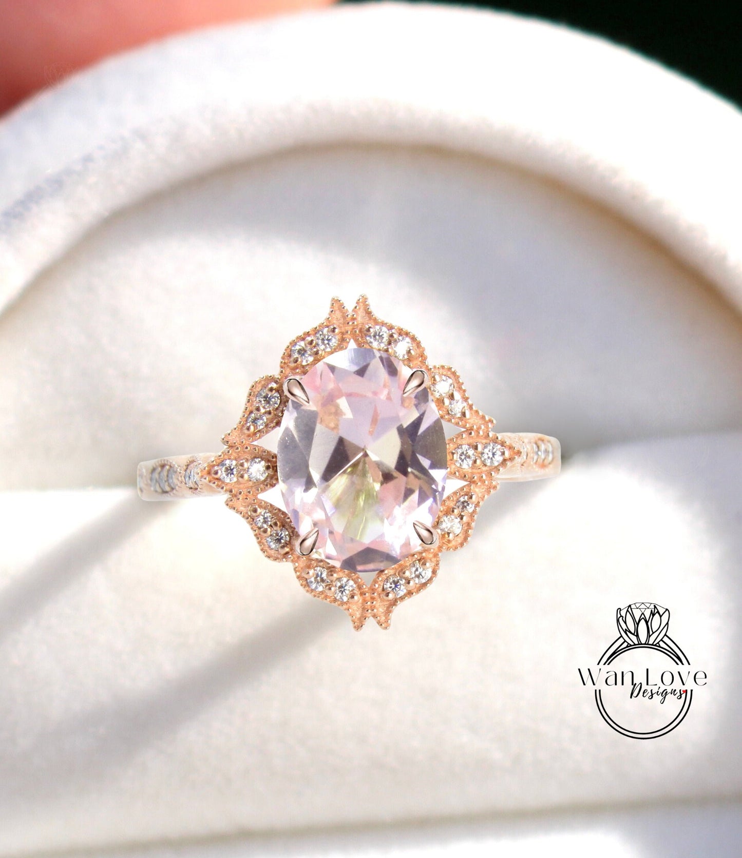 Vintage Peach Champagne Sapphire engagement ring solid 14k rose gold diamond halo ring art deco unique ring anniversary promise bridal ring