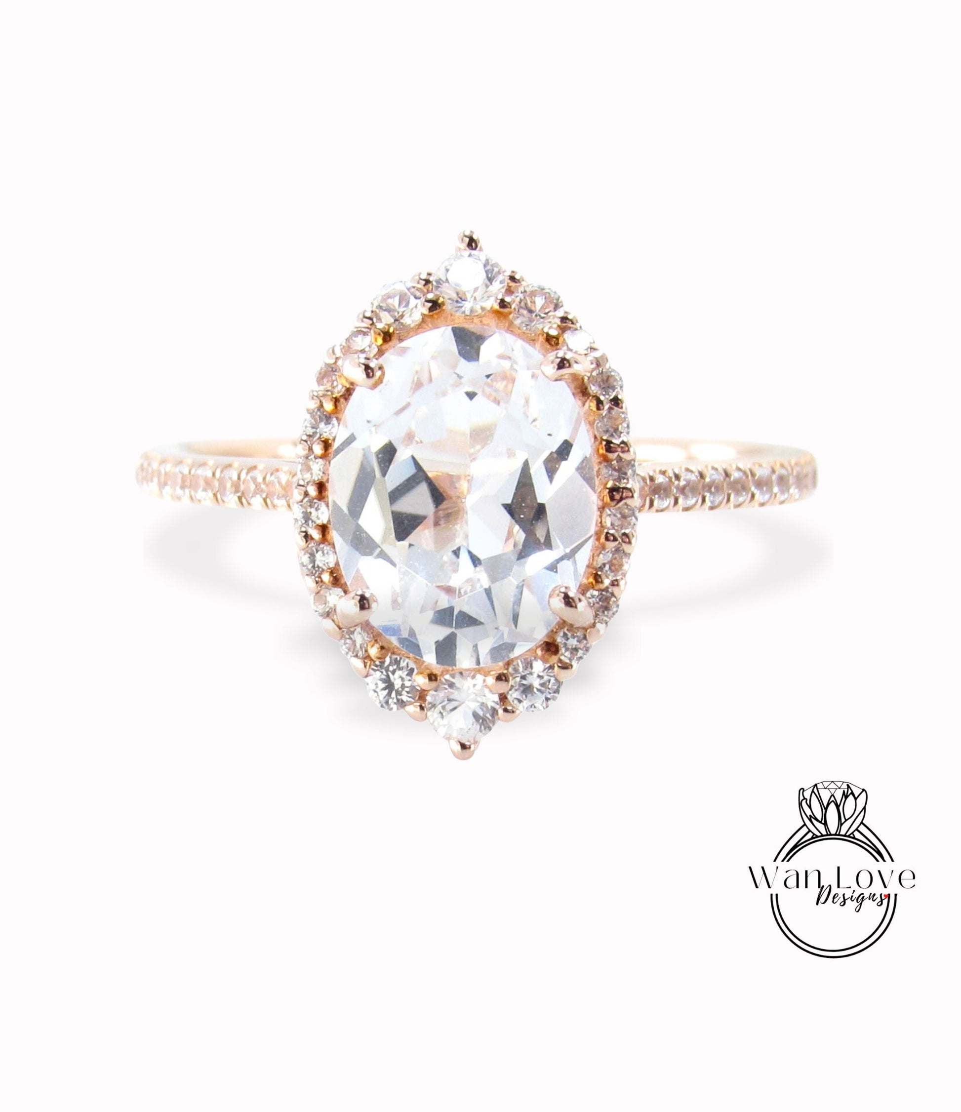 White Sapphire engagement ring vintage Art deco Oval cut Unique Graduated halo ring Rose gold Bridal Anniversary ring gift for her, Ready