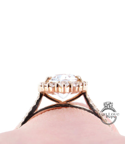 White Sapphire engagement ring vintage Art deco Oval cut Unique Graduated halo ring Rose gold Bridal Anniversary ring gift for her, Ready