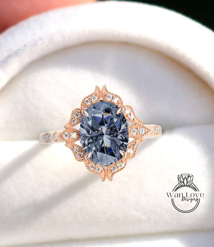 Vintage milgrain Oval Gray Moissanite Engagement ring Art Deco rose gold ring unique antique diamond halo wedding bridal ring Promise ring