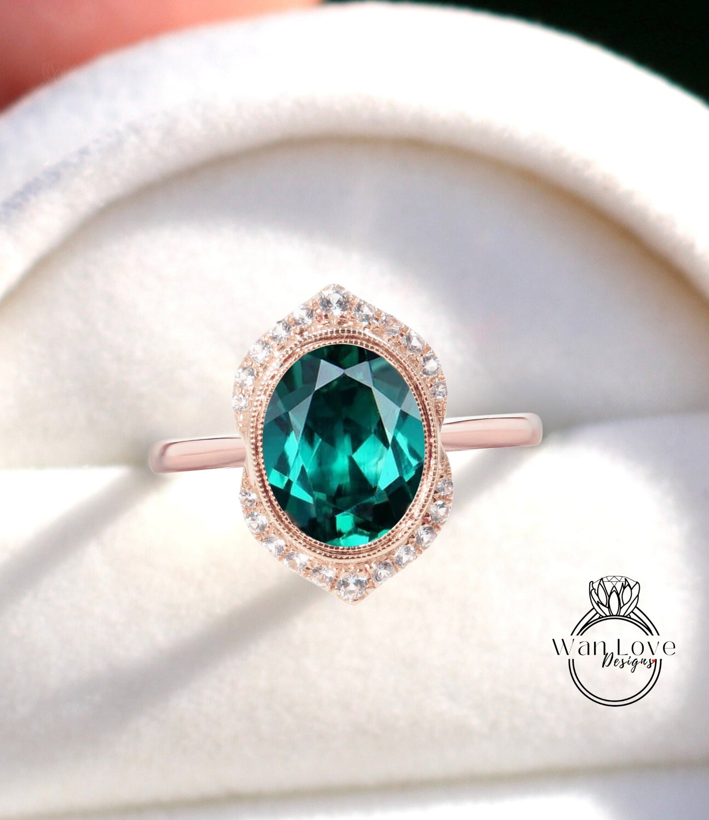 Oval Emerald Engagement Ring Antique Rose Gold Bezel Diamond Halo Ring Art Deco Delicate Wedding Bridal Ring Anniversary Promise Ring