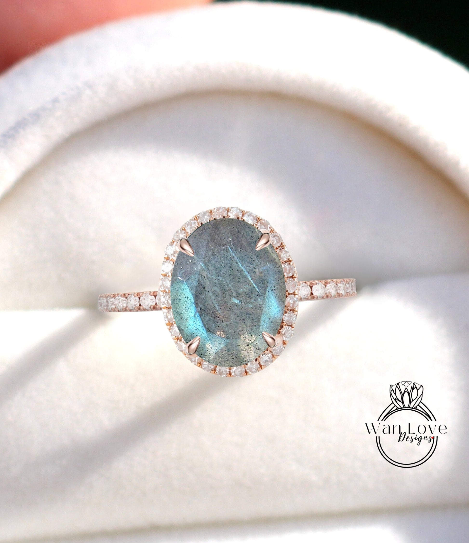 Oval cut Labradorite engagement ring art deco ring halo moissanite/diamond ring vintage rose gold half eternity anniversary bridal ring