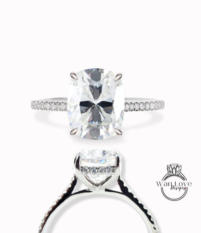 Vintage engagement ring Elongated Cushion cut Moissanite hidden halo ring white gold almost eternity band bridal ring Promise Anniversary