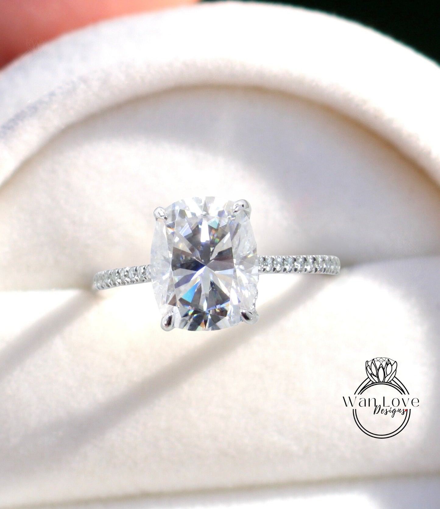 Vintage engagement ring Elongated Cushion cut Moissanite hidden halo ring white gold almost eternity band bridal ring Promise Anniversary