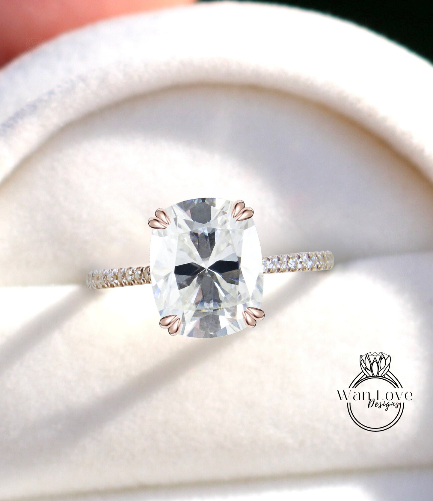 Moissanite & Diamond Elongated Cushion Engagement Ring, 14k 18k White Yellow Rose gold-Platinum-Wedding-Anniversary