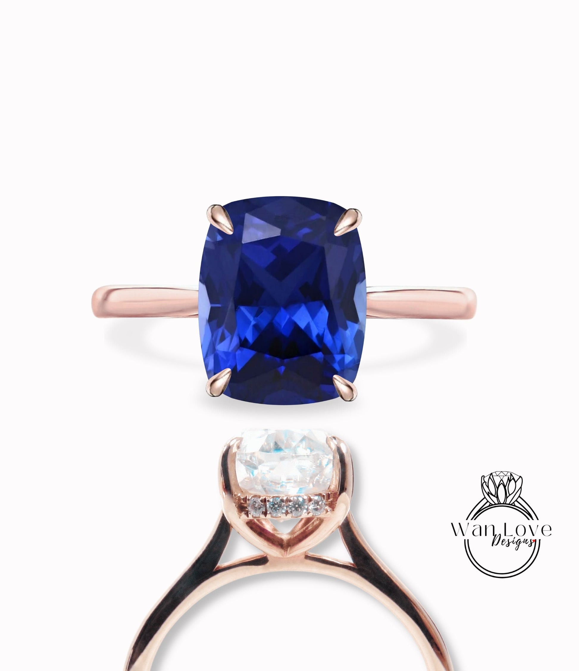 Art deco elongated cushion cut Blue Sapphire engagement ring rose gold ring diamond hidden side halo ring anniversary promise bridal ring