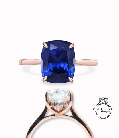 Art deco elongated cushion cut Blue Sapphire engagement ring rose gold ring diamond hidden side halo ring anniversary promise bridal ring