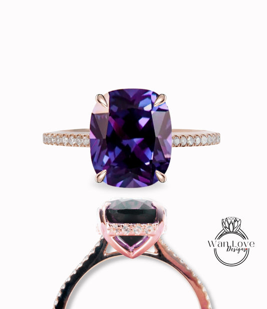 Vintage engagement ring Elongated Cushion cut Purple Sapphire Alexandrite Color hidden halo ring rose gold band bridal Promise Anniversary