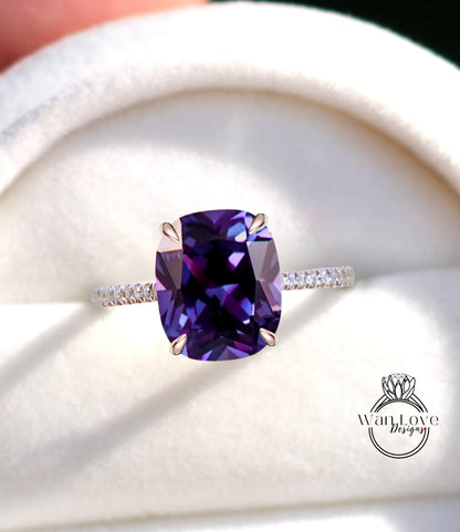 Vintage engagement ring Elongated Cushion cut Purple Sapphire Alexandrite Color hidden halo ring rose gold band bridal Promise Anniversary