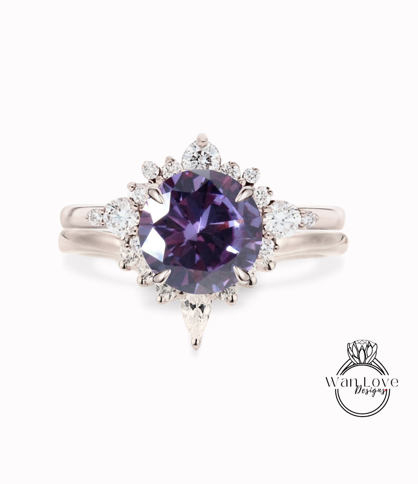 Purple Change Sapphire engagement ring set white gold Unique Round Cluster engagement ring women vintage Pear shape wedding Anniversary gift