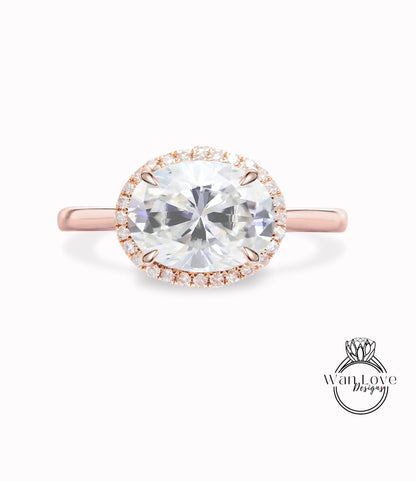 East West Oval halo Moissanite diamond Engagement Ring, Vintage 14K 18K Rose Gold Art Deco Oval Gray moissanite diamond halo bridal ring