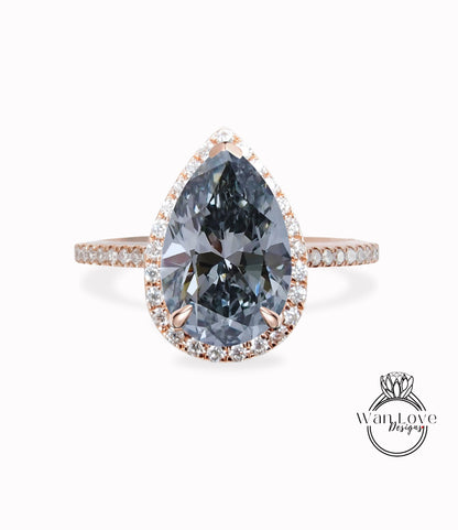 Vintage Pear shaped Gray Moissanite Engagement Ring, Pear Cut 14k Rose Gold Diamond Halo Ring, Wedding Ring Anniversary Ring Proposal Ring.