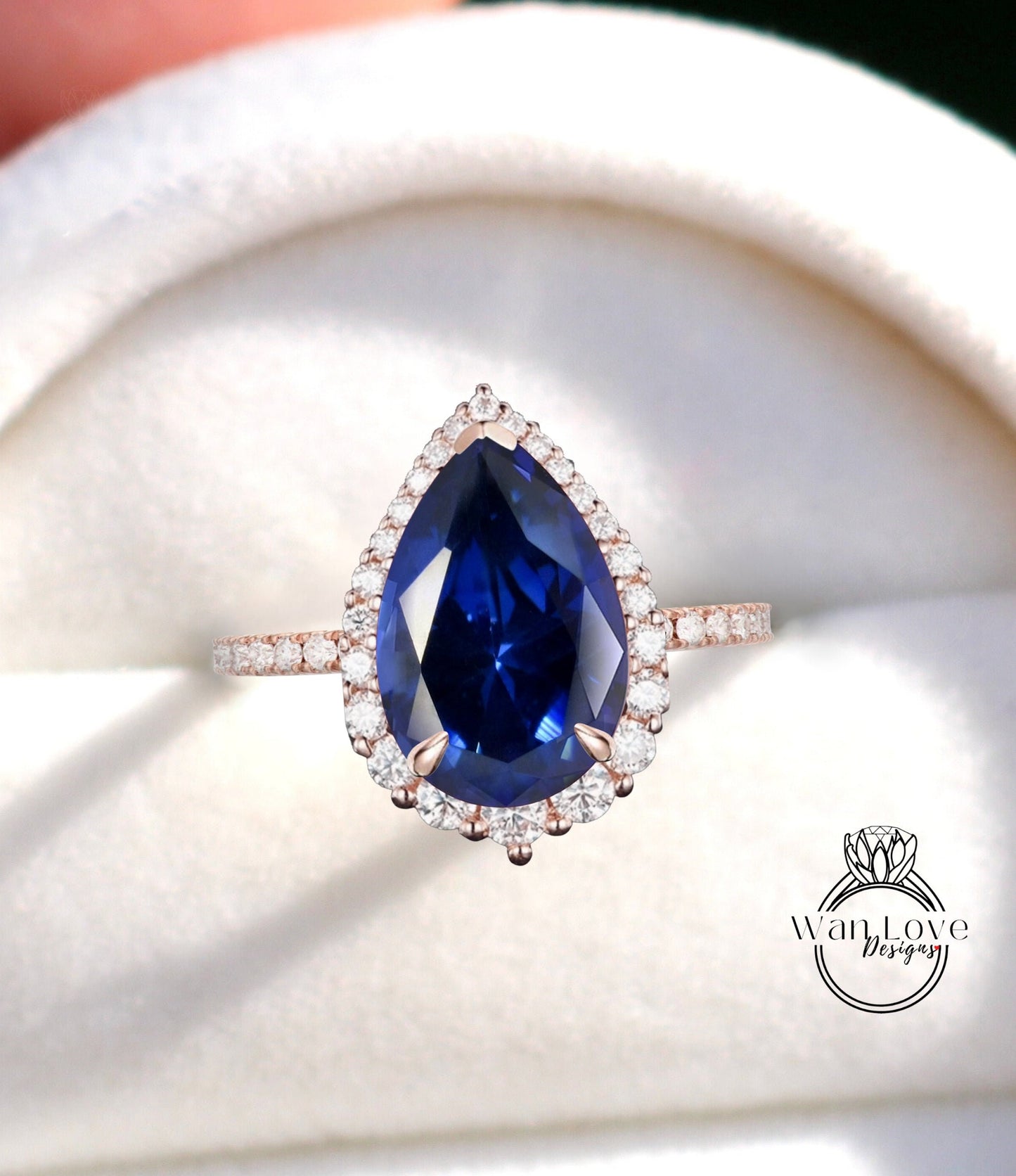 Antique Pear shaped Blue Sapphire engagement ring vintage Art deco Unique ring white gold Diamond halo wedding promise ring Anniversary ring