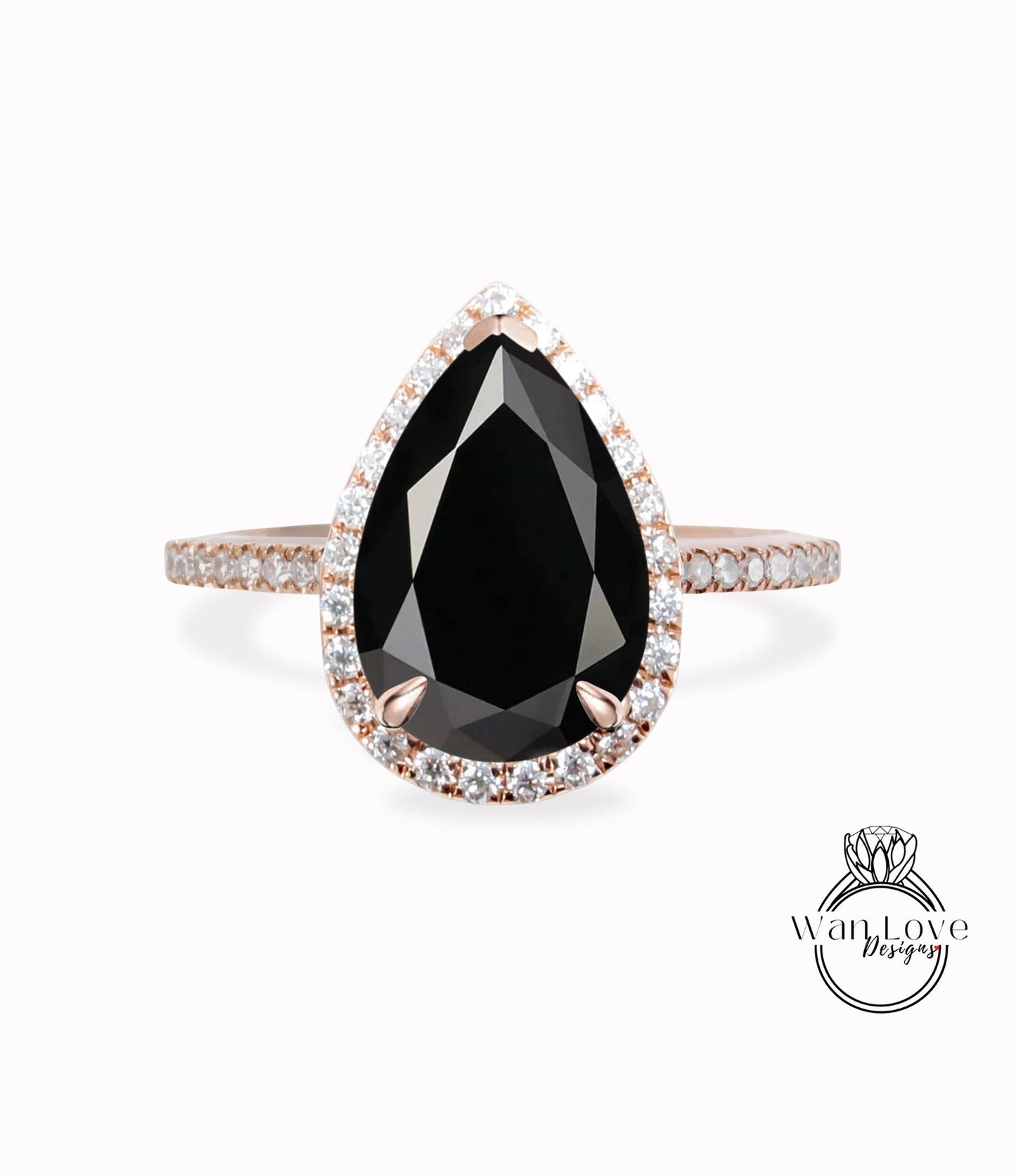 Pear shaped Black Spinel engagement ring vintage rose gold diamond halo ring art deco unique promise ring anniversary bridal ring