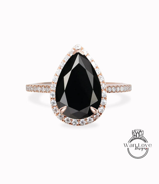 Pear shaped Black Spinel engagement ring vintage rose gold diamond halo ring art deco unique promise ring anniversary bridal ring