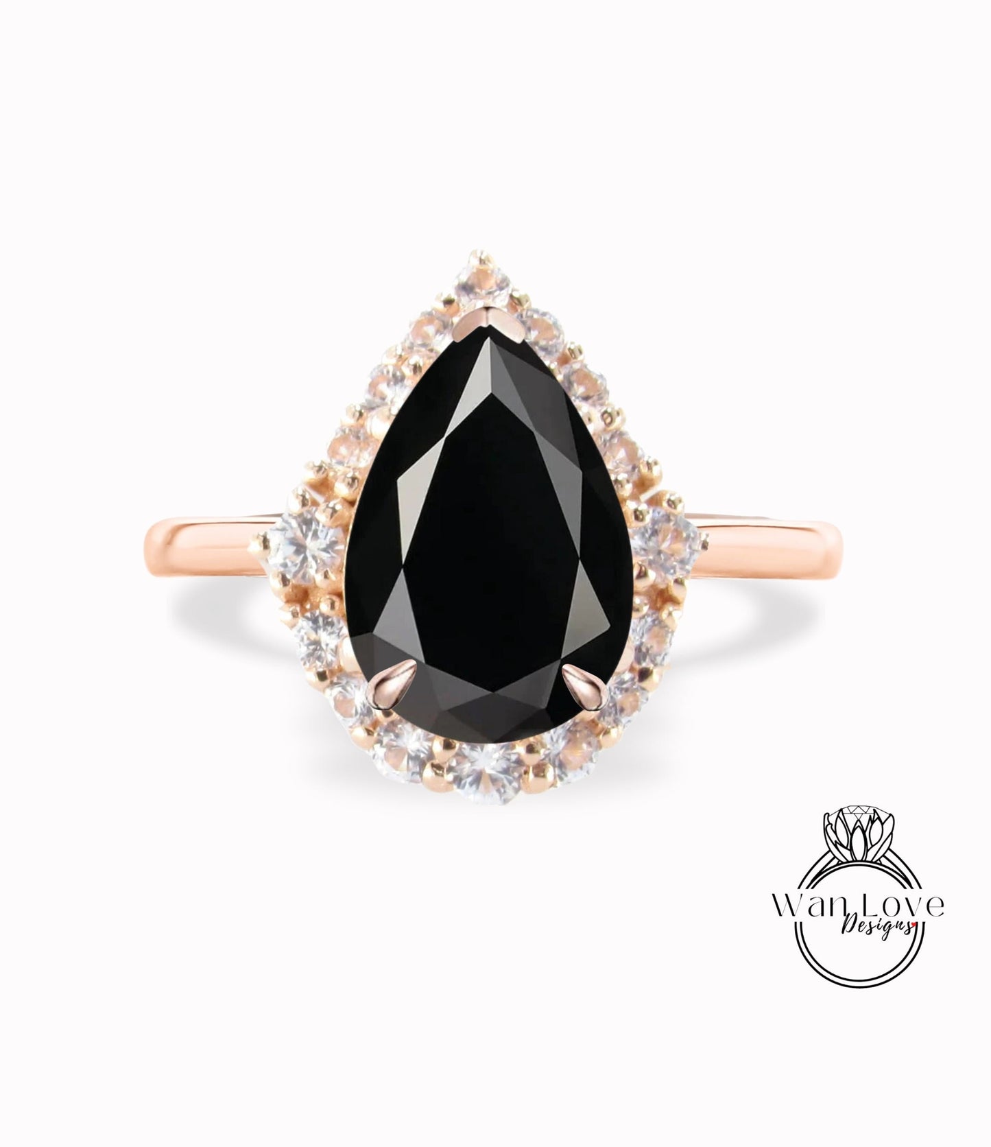 Black Spinel & Diamond Graduated Halo Engagement Ring, Pear, Plain Shank, Custom-14k 18k White Yellow Rose Gold-Platinum