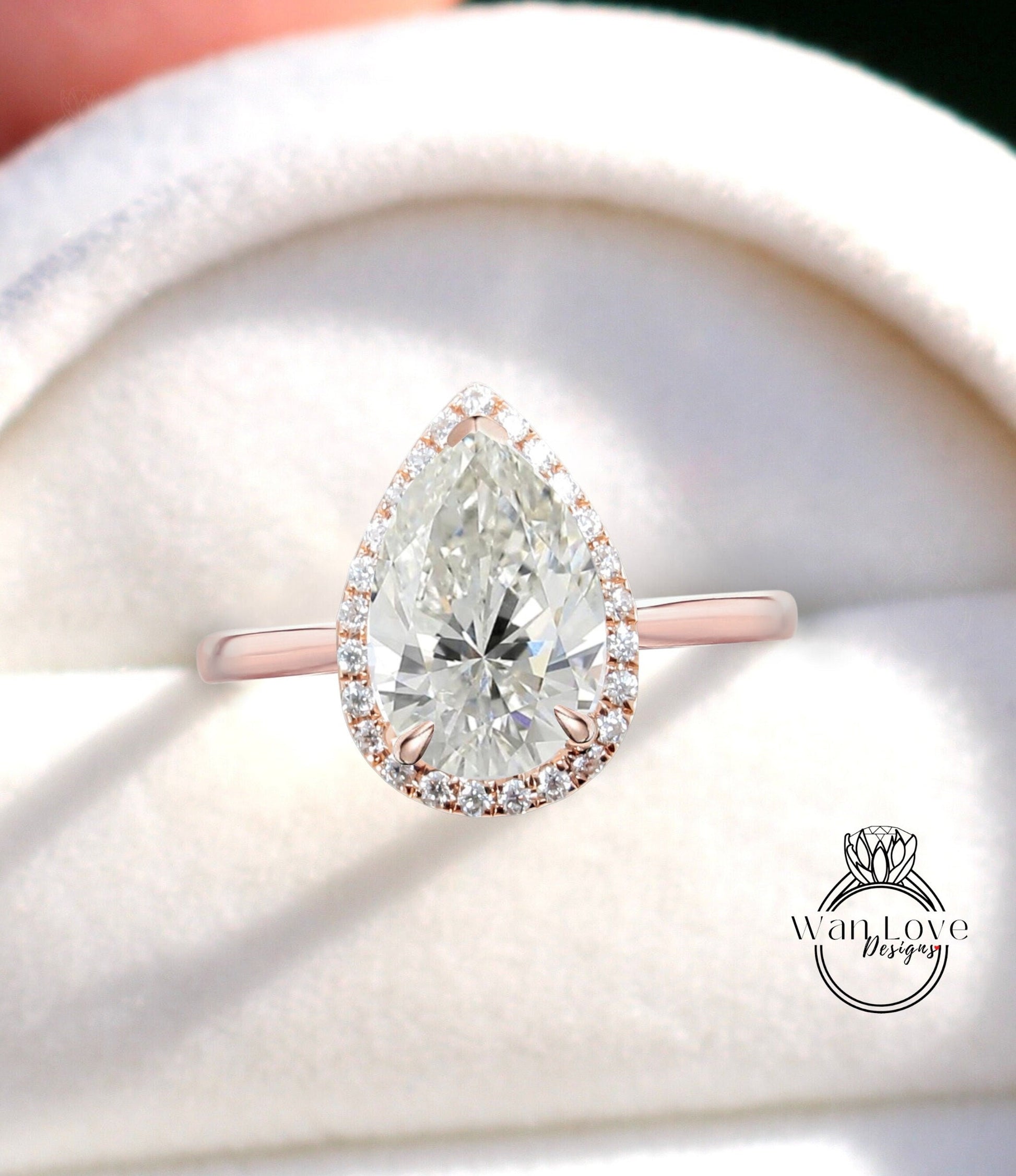 Pear shaped Diamond engagement ring vintage Art deco Unique 14K/18K white gold Lab diamond Halo prong Diamond wedding Anniversary ring Wan Love Designs