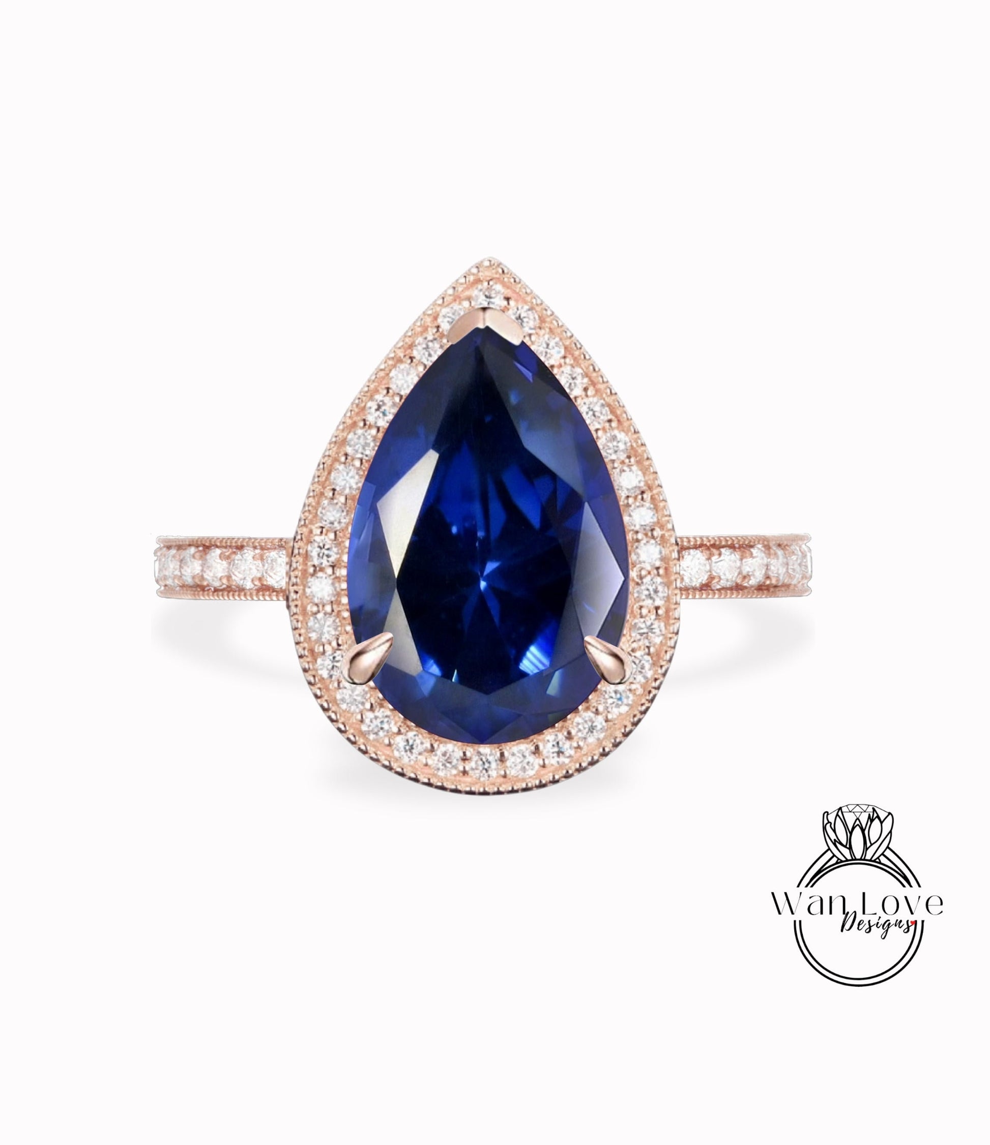 Vintage engagement ring Blue Sapphire ring rose gold Pear cut diamond ring milgrain halo art deco ring wedding Anniversary ring bridal ring