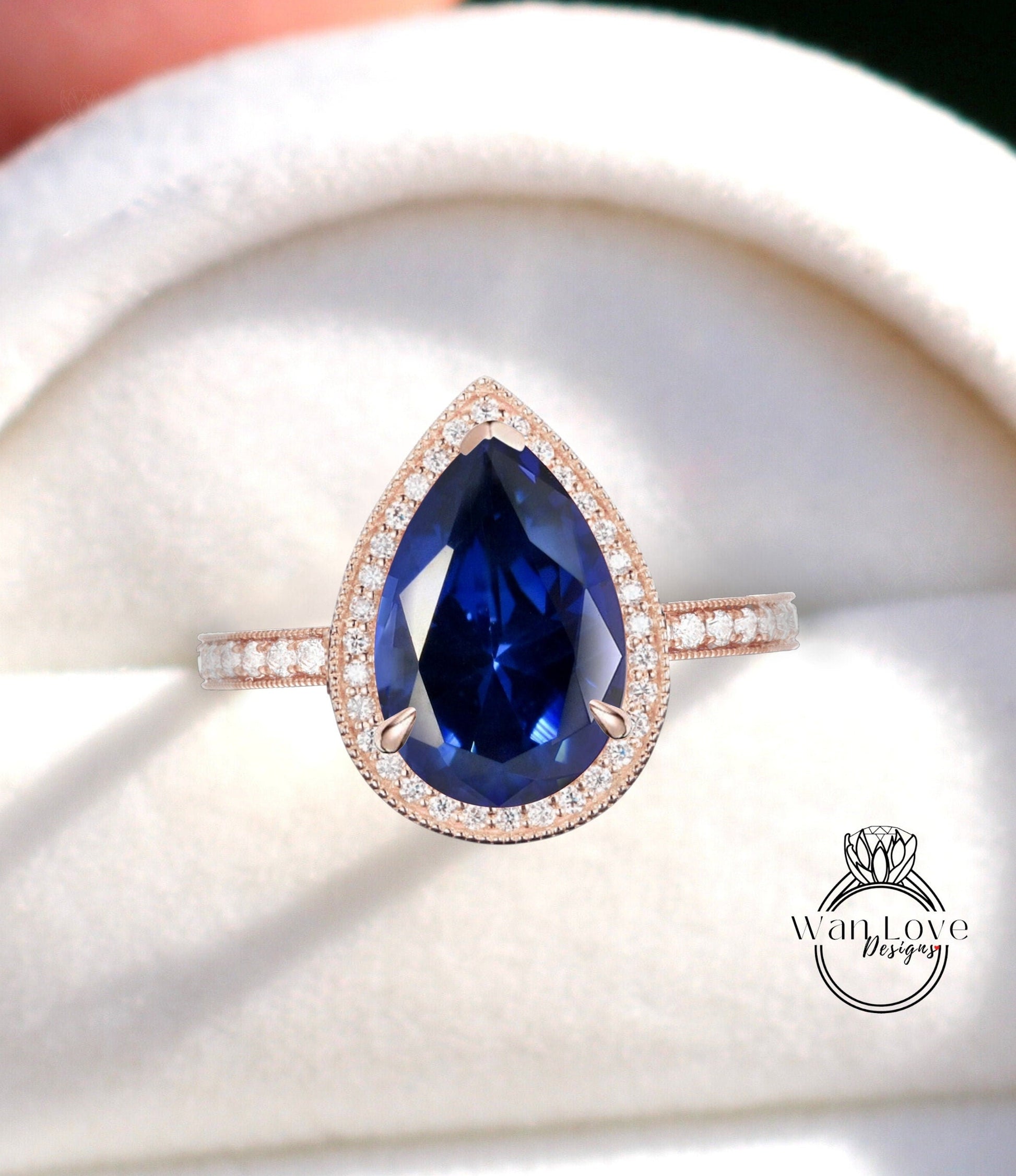 Vintage engagement ring Blue Sapphire ring rose gold Pear cut diamond ring milgrain halo art deco ring wedding Anniversary ring bridal ring