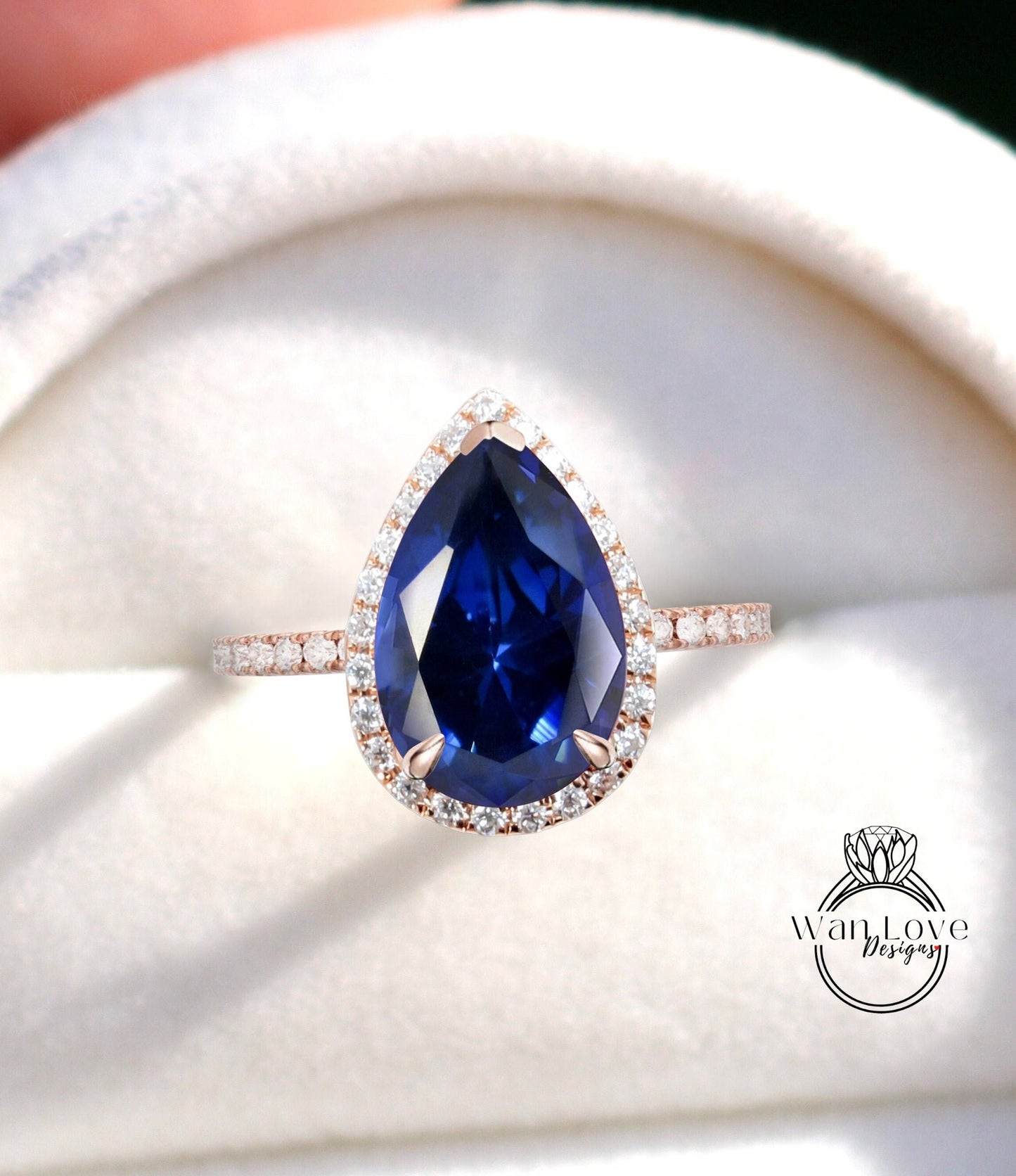 Vintage Blue Sapphire Pear shaped Engagement Ring, Pear Cut 14k Rose Gold Diamond Halo Ring, Wedding Ring Anniversary Ring Proposal Ring. Wan Love Designs