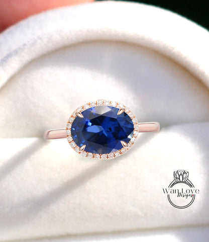 14K Solid Gold Ring /East West Oval Cut Blue Sapphire Diamond Center / Engagement Ring/Anniversary Ring/Promise ring/Halo White Gold Ring