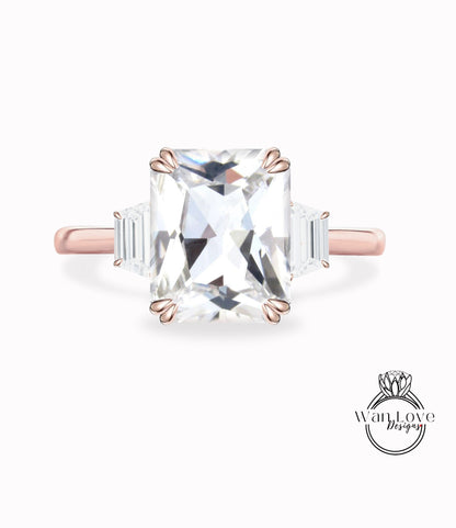 White Sapphire Moissanite Engagement Ring Emerald cut 14K/18K rose gold ring vintage trapezoid art deco ring wedding Bridal Anniversary gift