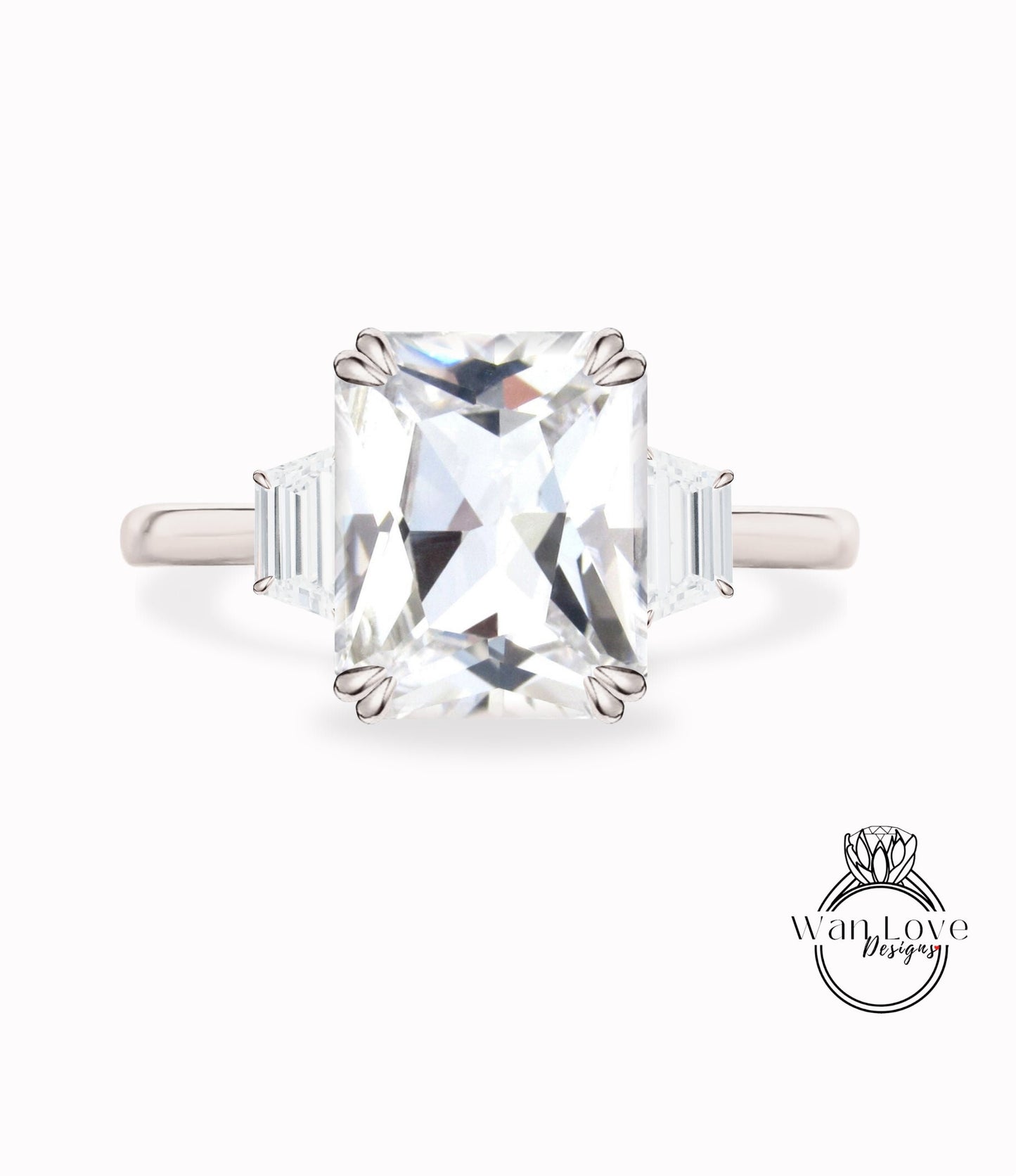 White Sapphire Moissanite Engagement Ring Emerald cut 14K/18K rose gold ring vintage trapezoid art deco ring wedding Bridal Anniversary gift