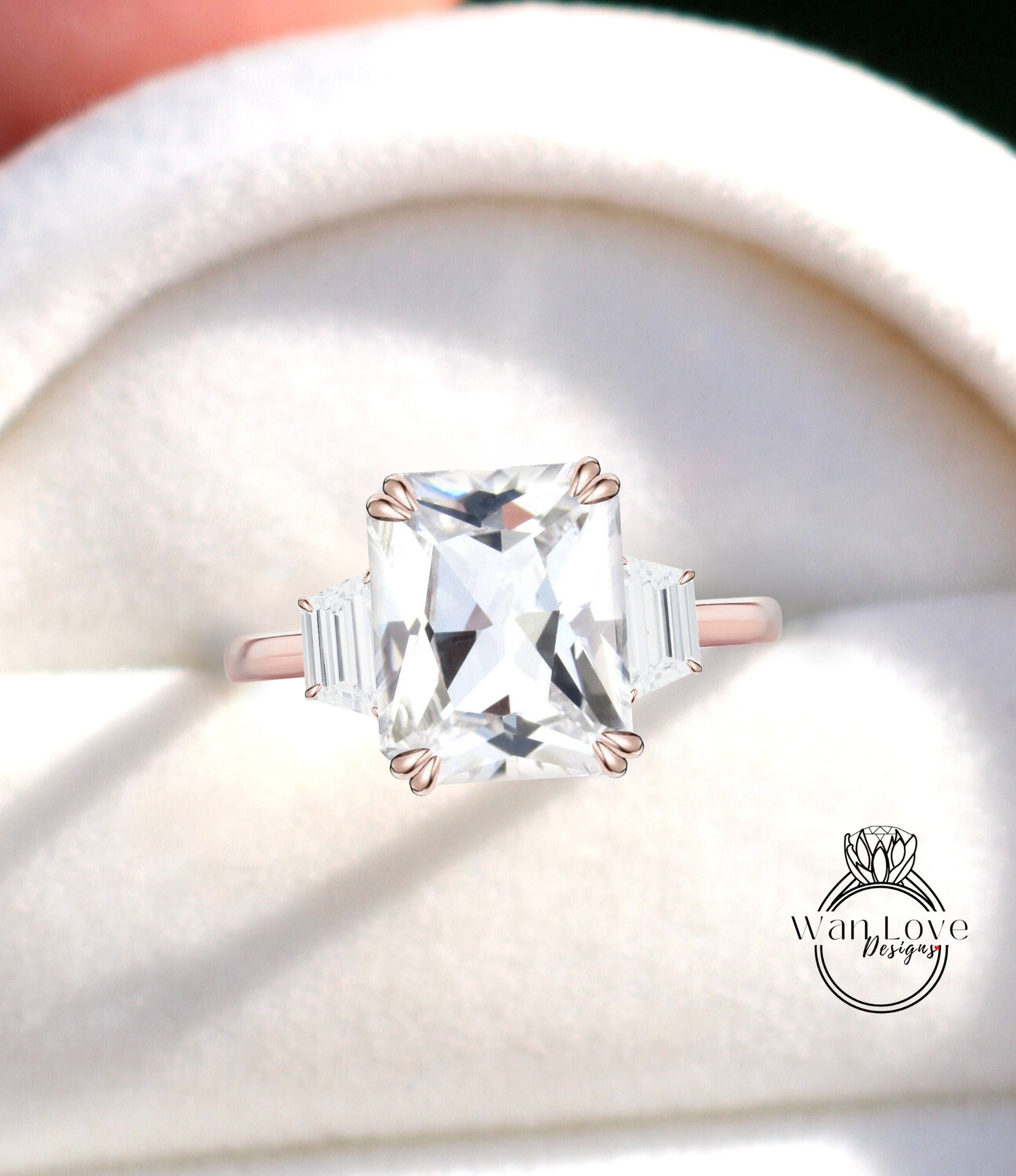 White Sapphire Moissanite Engagement Ring Emerald cut 14K/18K rose gold ring vintage trapezoid art deco ring wedding Bridal Anniversary gift