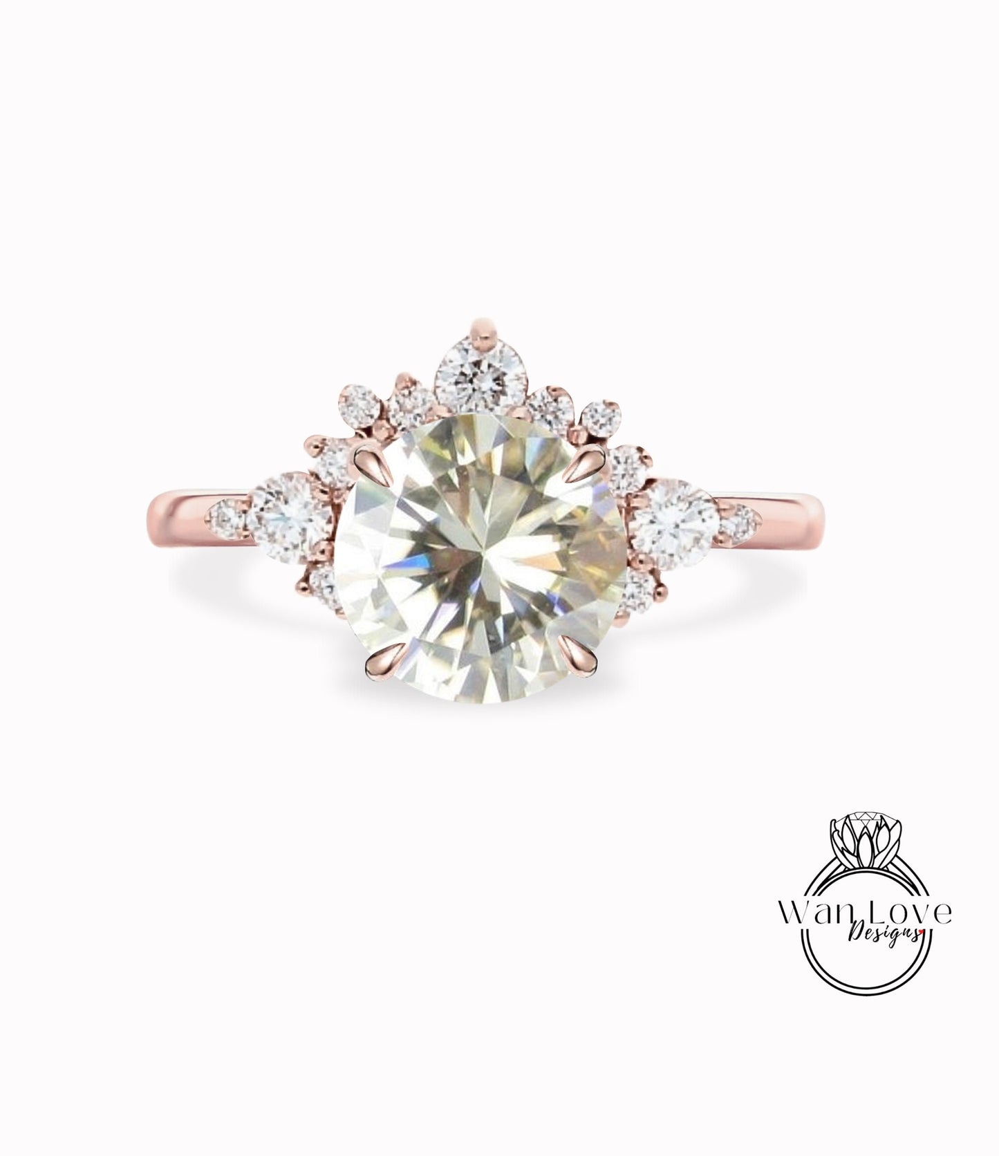 Champagne Moissanite Cluster Half Halo engagement ring Diamonds Unique cluster round cut White Rose Gold Ring woman Promise Anniversary Gift