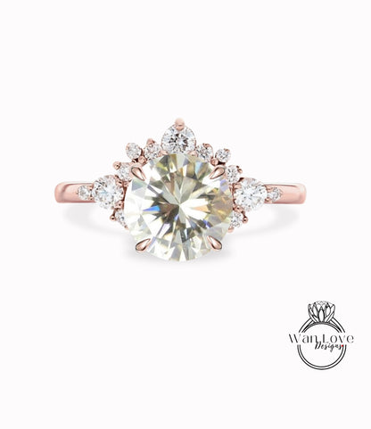 Champagne Moissanite Cluster Half Halo engagement ring Diamonds Unique cluster round cut White Rose Gold Ring woman Promise Anniversary Gift