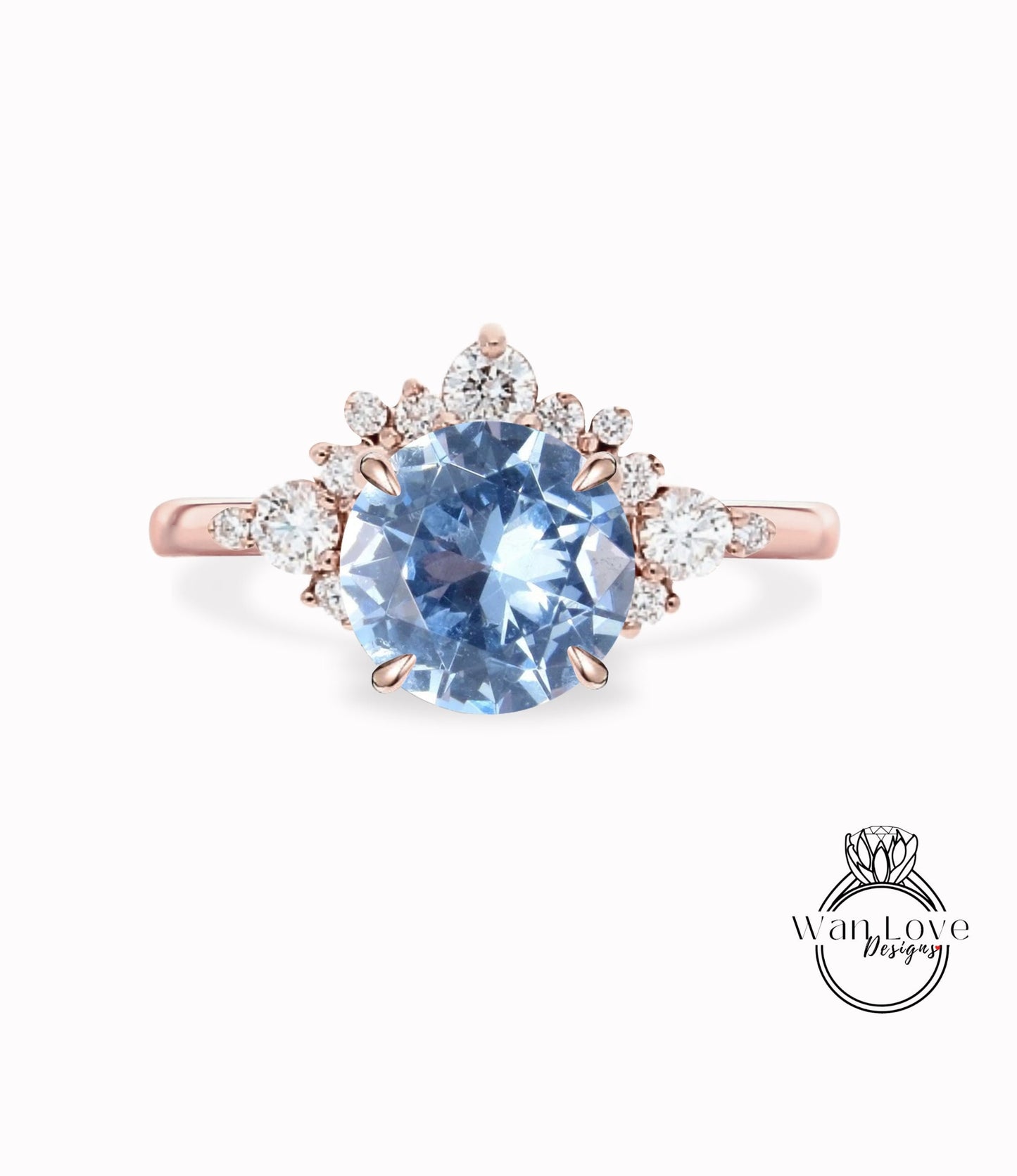 Aquamarine Light Blue Spinel Cluster Half Halo engagement ring Diamonds Unique cluster White Rose Gold Ring woman Promise Anniversary Gift