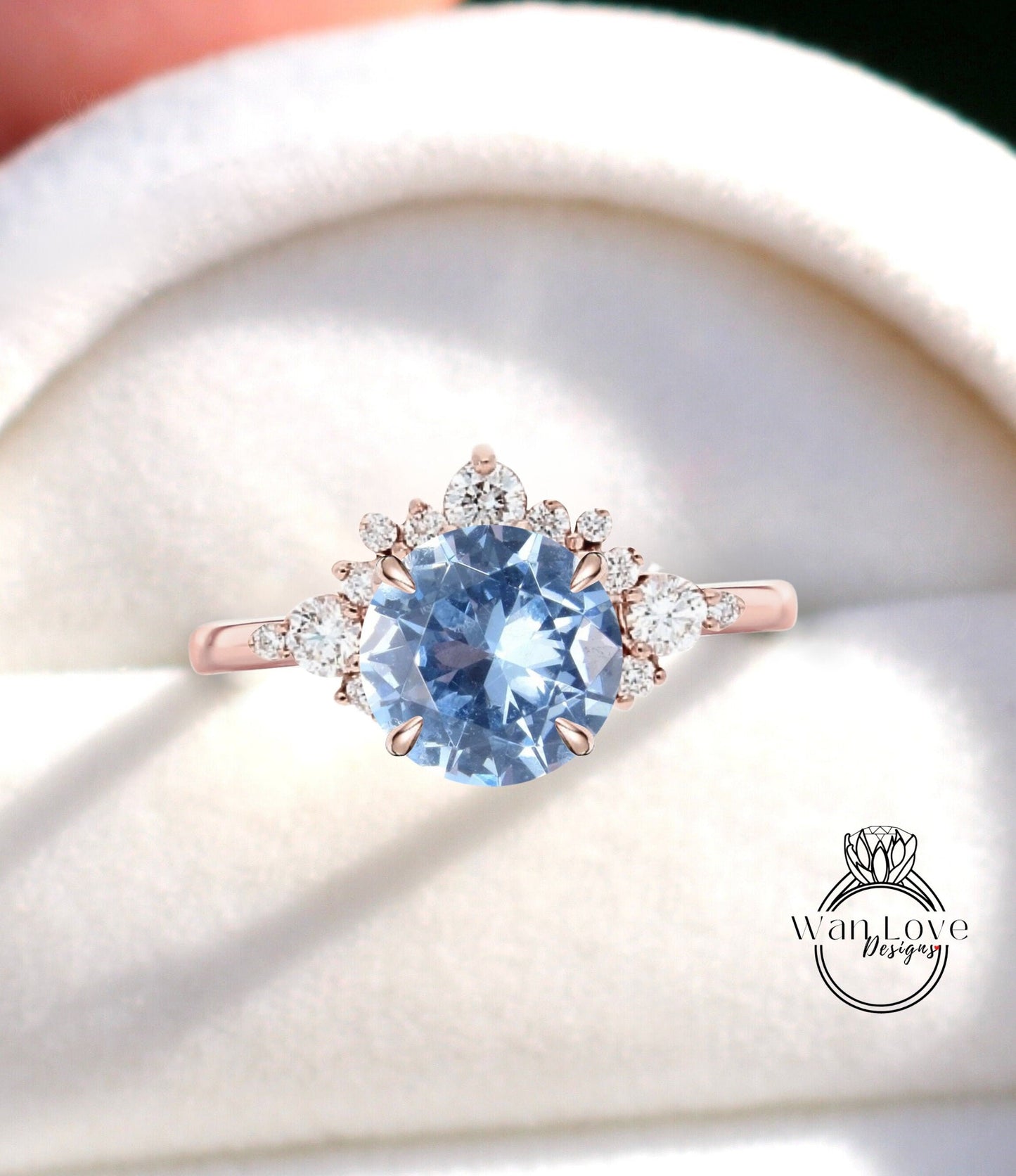 Aquamarine Light Blue Spinel Cluster Half Halo engagement ring Diamonds Unique cluster White Rose Gold Ring woman Promise Anniversary Gift Wan Love Designs