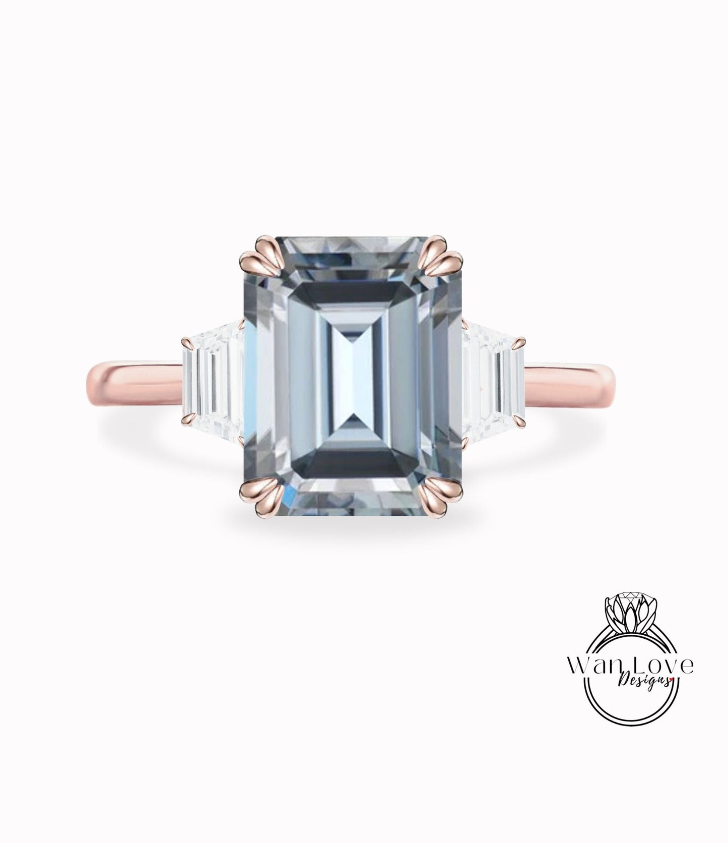 Emerald Cut Grey Moissanite Engagement Ring, Three gem stone Moissanite Wedding Ring, Trapezoid Moissanite Ring, 14K Rose Gold Ring