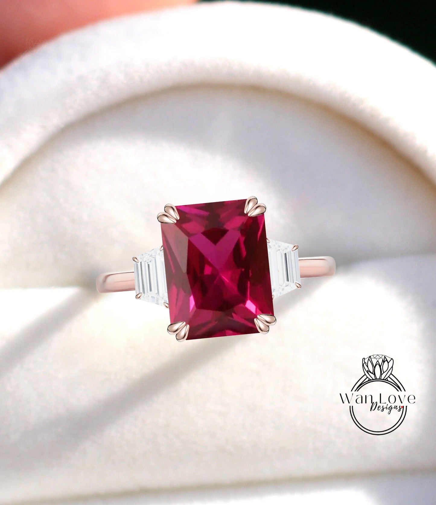 Ruby Moissanite Engagement Ring Emerald cut 14K/18K rose gold ring vintage trapezoid art deco ring wedding Bridal Anniversary gift