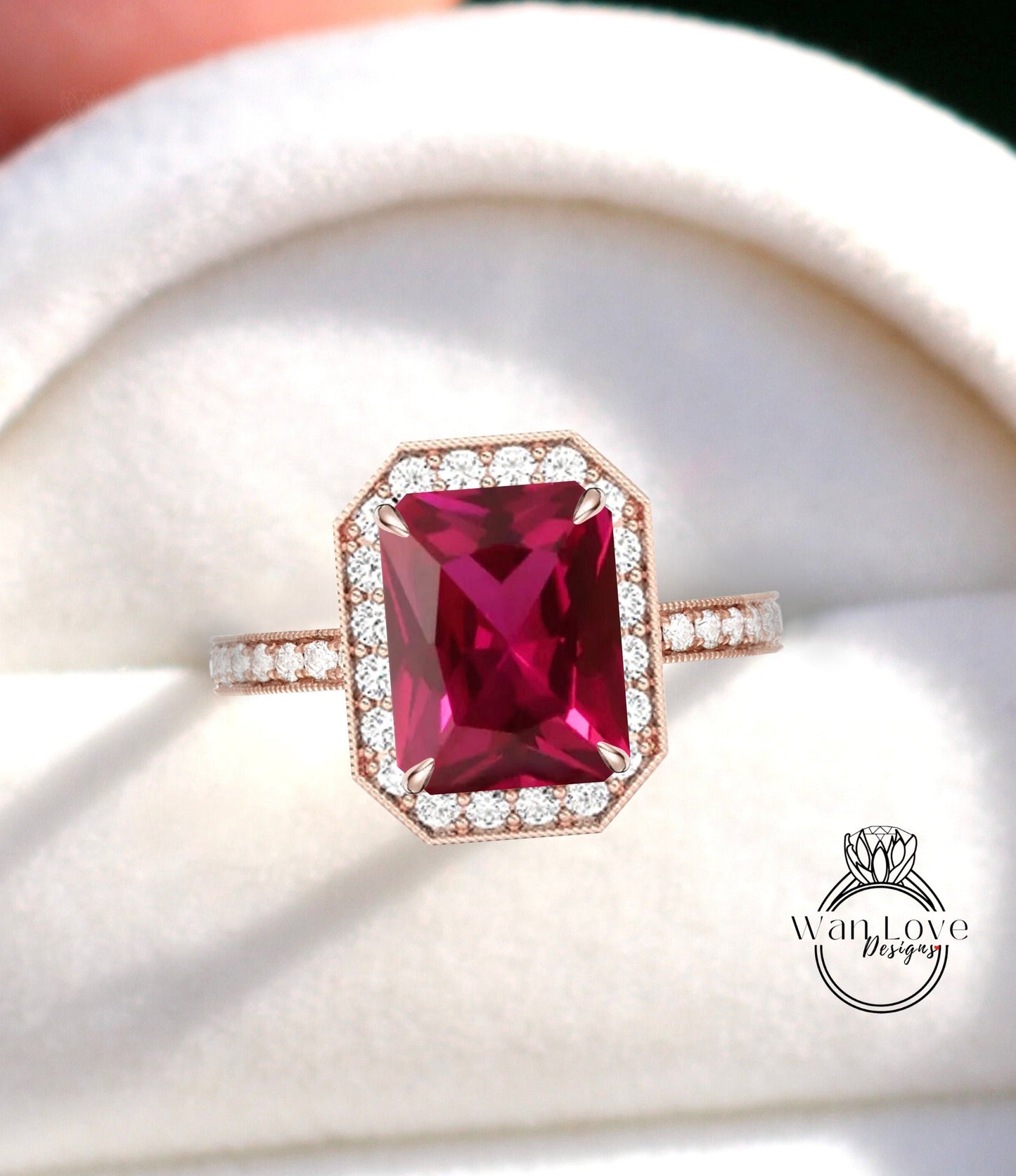 Milgrain Halo Emerald Ruby Diamond Engagement Ring/ Half Eternity Red Ruby Rings/ Diamond Halo Wedding Rings/ Statement Ring