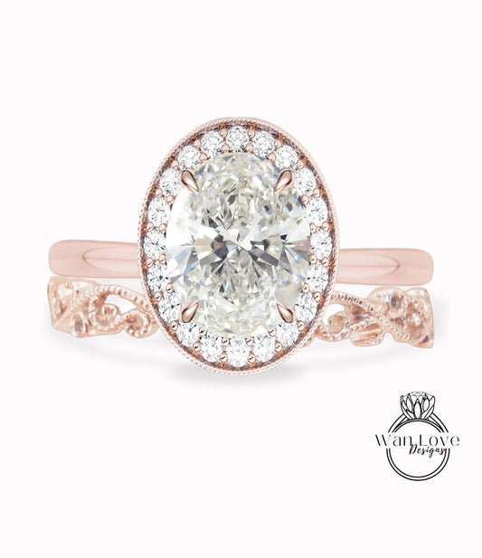 Oval cut Diamond engagement ring set rose gold milgrain halo ring lab diamond halo vintage dainty band art deco anniversary wedding ring