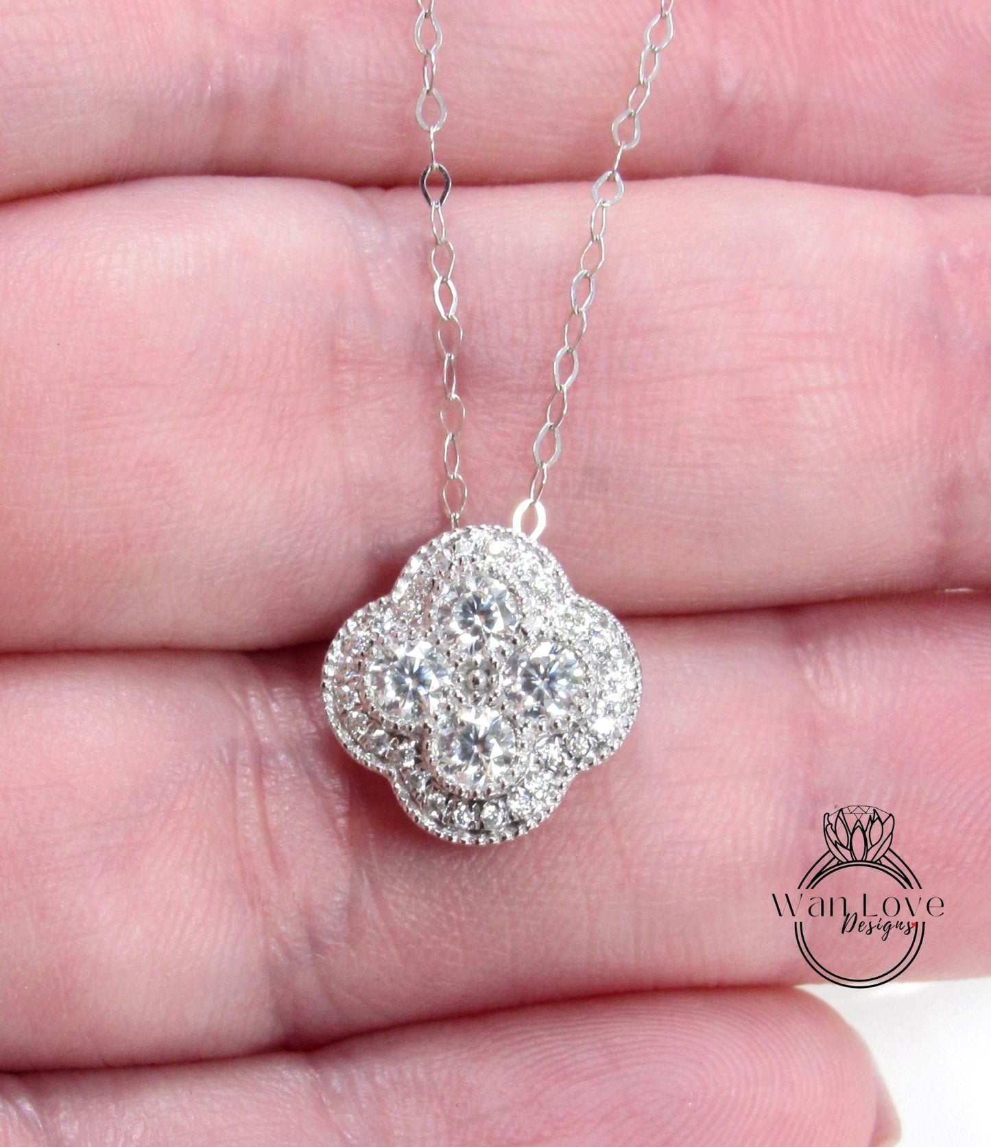 Diamond Clover Necklace, Diamond Halo Pendant Necklace, Quatrefoil Birthstone Charm, 18K White Gold Diamond Flower Necklace Cross Pendant