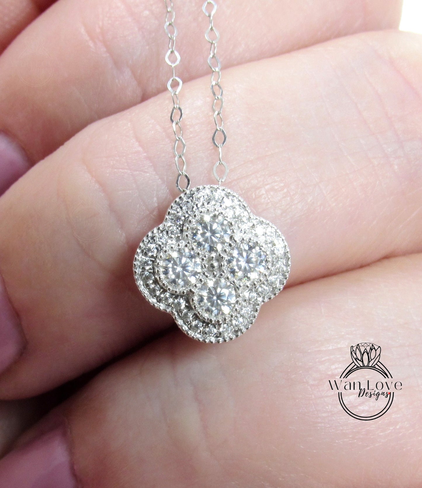 Diamond Clover Necklace, Diamond Halo Pendant Necklace, Quatrefoil Birthstone Charm, 18K White Gold Diamond Flower Necklace Cross Pendant