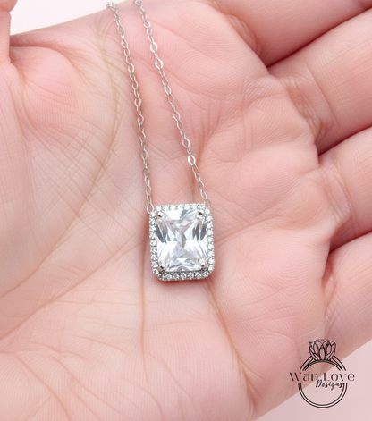 White Sapphire Emerald Halo Pendant art deco necklace East West Vertical Halo Charm 4ct emerald halo wedding anniversary gift for her Ready