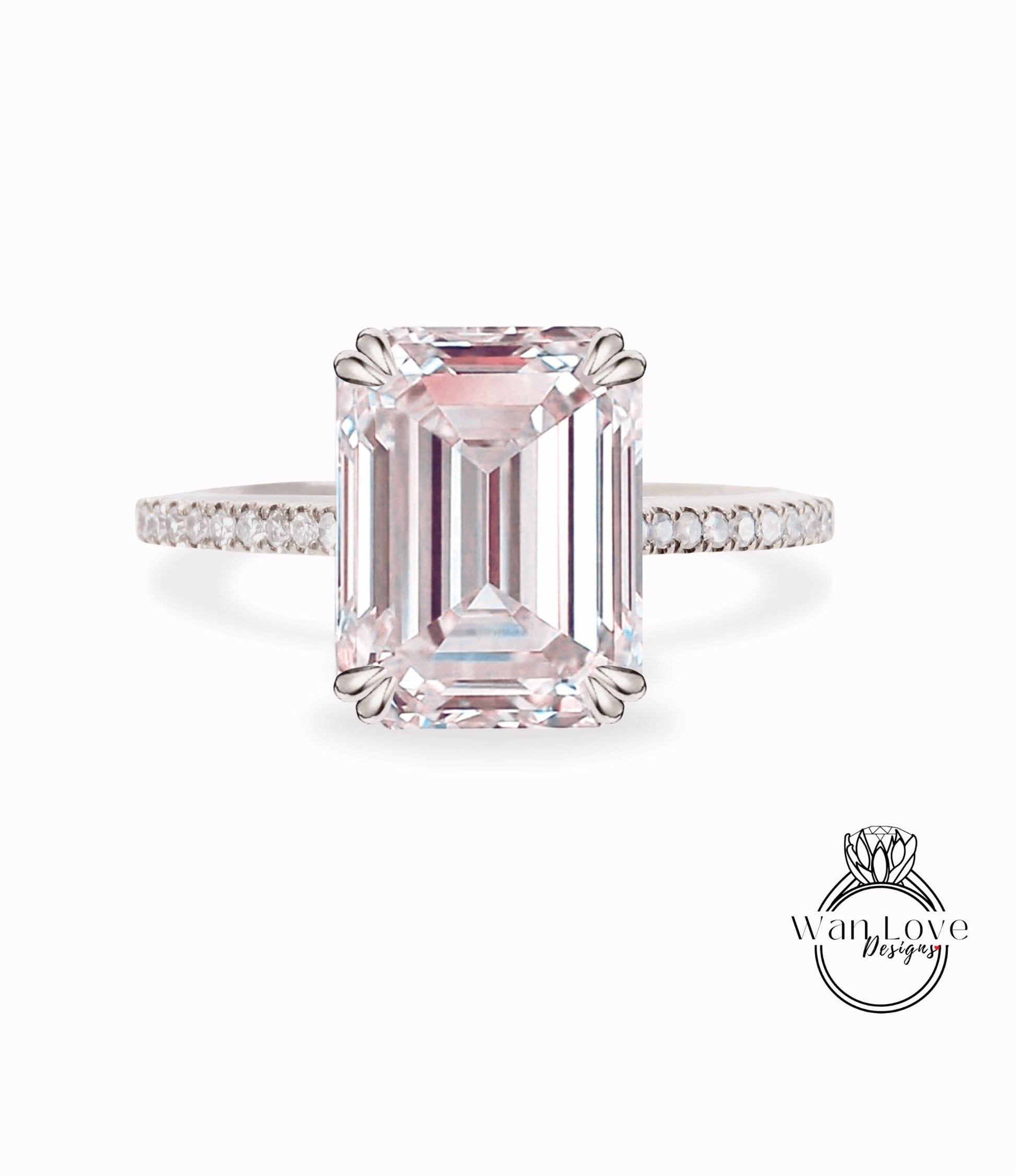 Light Pink Sapphire Engagement Ring Rose gold Emerald cut engagement ring half eternity diamond wedding Bridal ring prong promise Aniversary