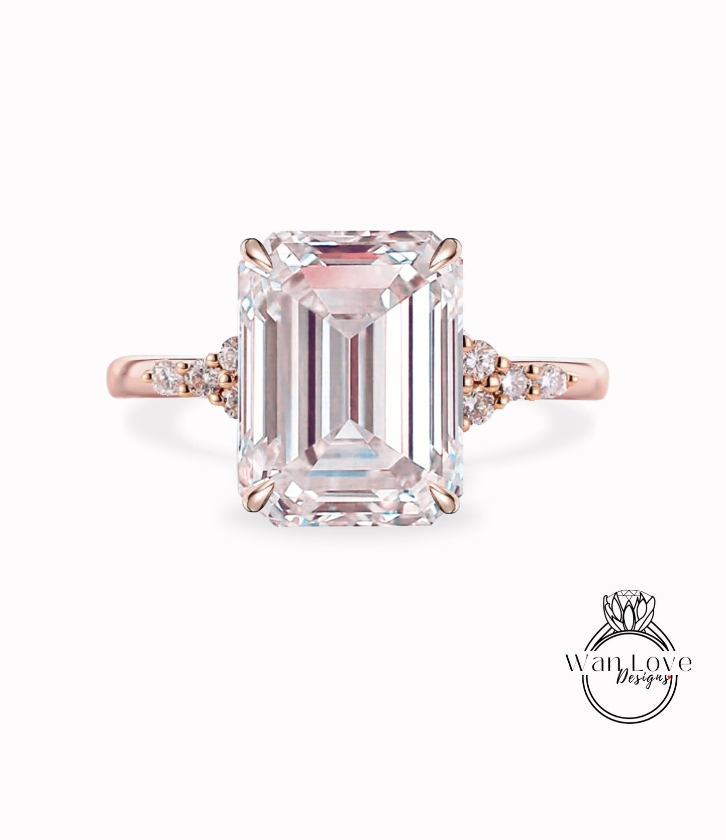 Emerald Cut Light Pink Sapphire engagement ring vintage Moissanite diamond Unique Cluster rose gold engagement ring Bridal promise gift